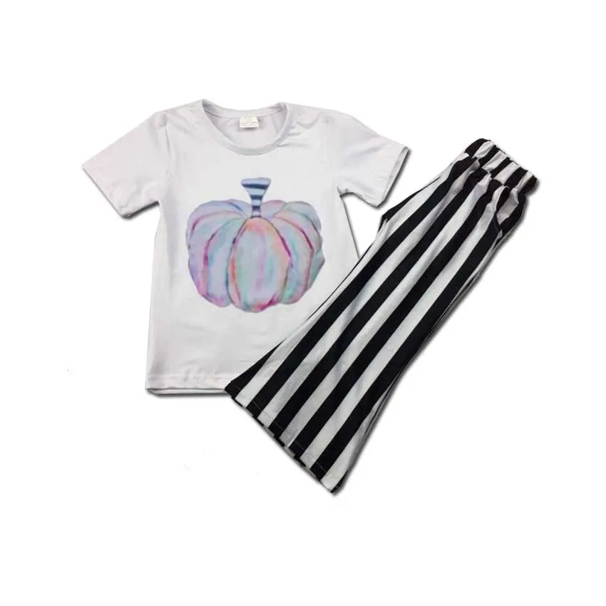 

Children clothing set with pumpkin print and stripe bell pants