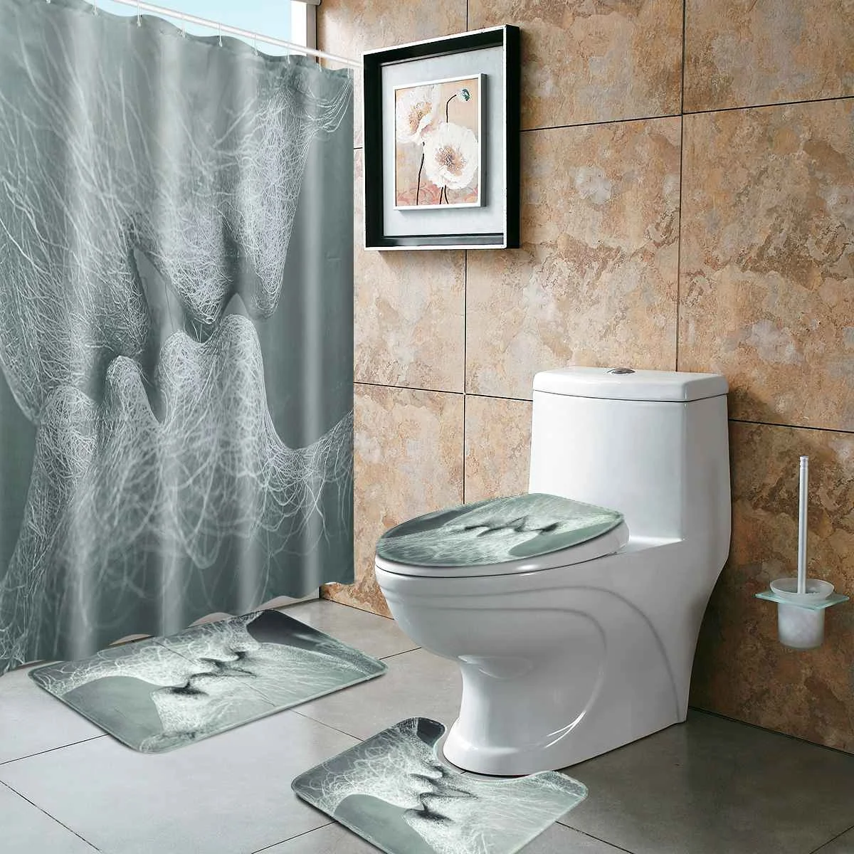 

4 Pcs Abstract Art Love Kiss Bathroom Shower Curtain Waterproof Bath Mat Set Rug Toilet Lid Cover Washable Fabric Accessories
