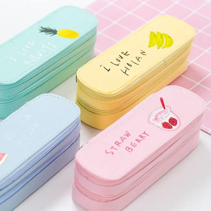 

Multi-Function Pencil Case Fruit Large Capacity Canvas Double-Layer Small Fresh Pencil Bag Simple Cute Cartoon Double Zipper