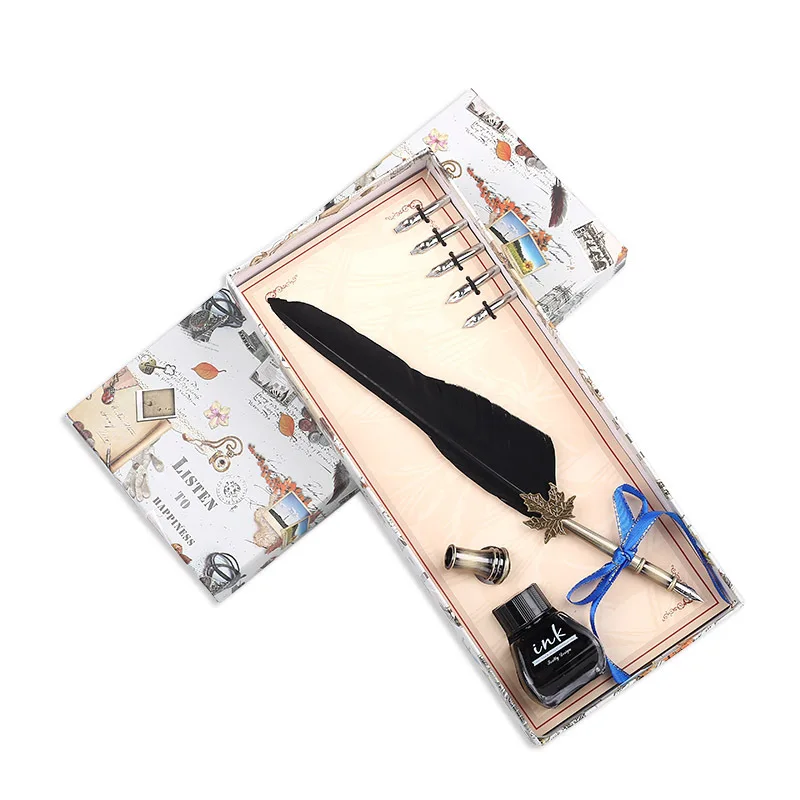 New Style Feather Fountain Pen Retro Dipped in Water Feather Pen Set Creative Gifts Stationery Writing Tool Customizable Wholesa