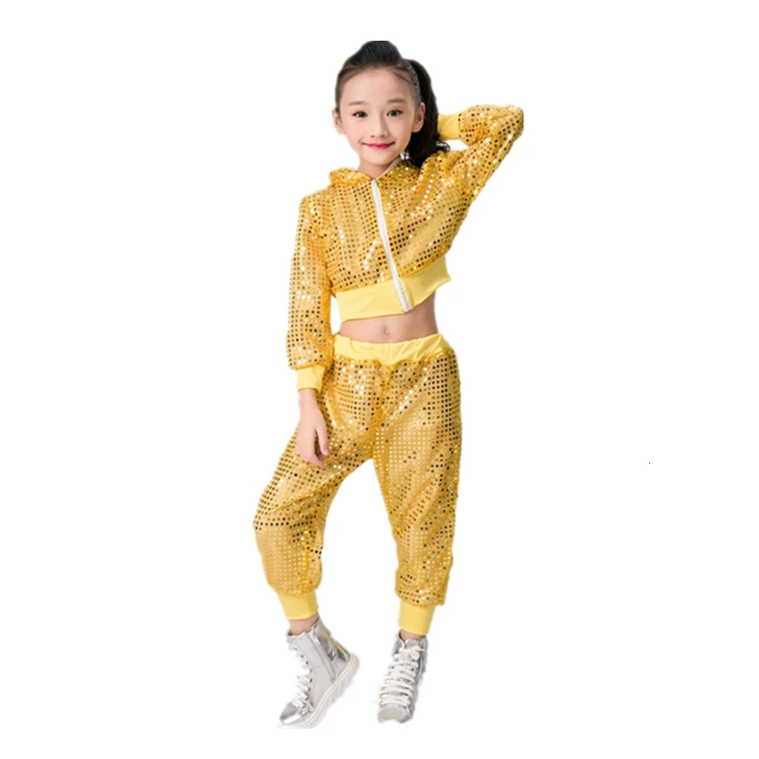 Дети бальный Танцы Джаз танцевальные костюмы Блестящие Блестки сценическая одежда комплект с капюшоном куртка брюки девушки хип хоп танцевальная одежда