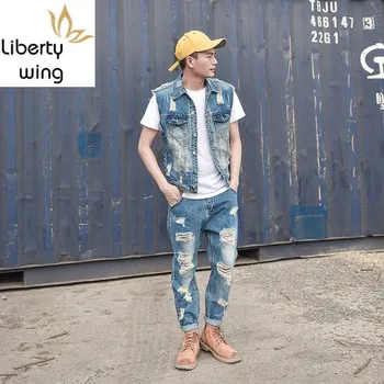 

Detachable Rompers Mens Jumpsuit Summer Fashion Denim Overalls Ripped Hole Ankle Length Pants Men Jeans Vest Casual Light Blue