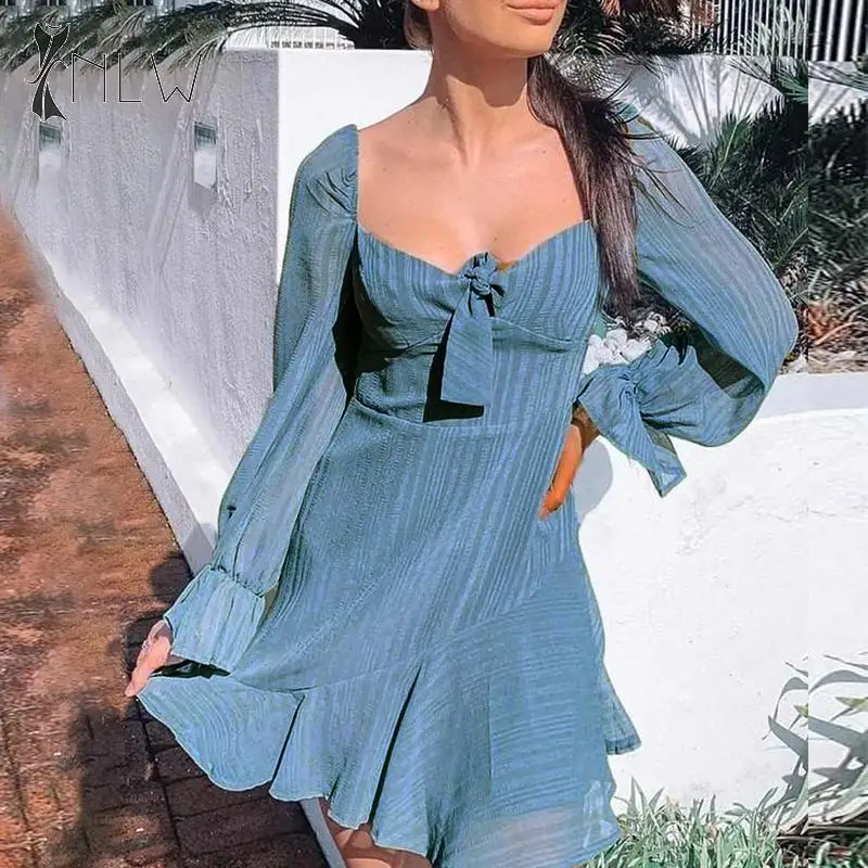 

NLW Flare Long Sleeve Women Dress Autumn Winter Ruffle Mesh Short Chiffon Dress Bowknot Elegant Solid Blue Mini Dress Vestidos