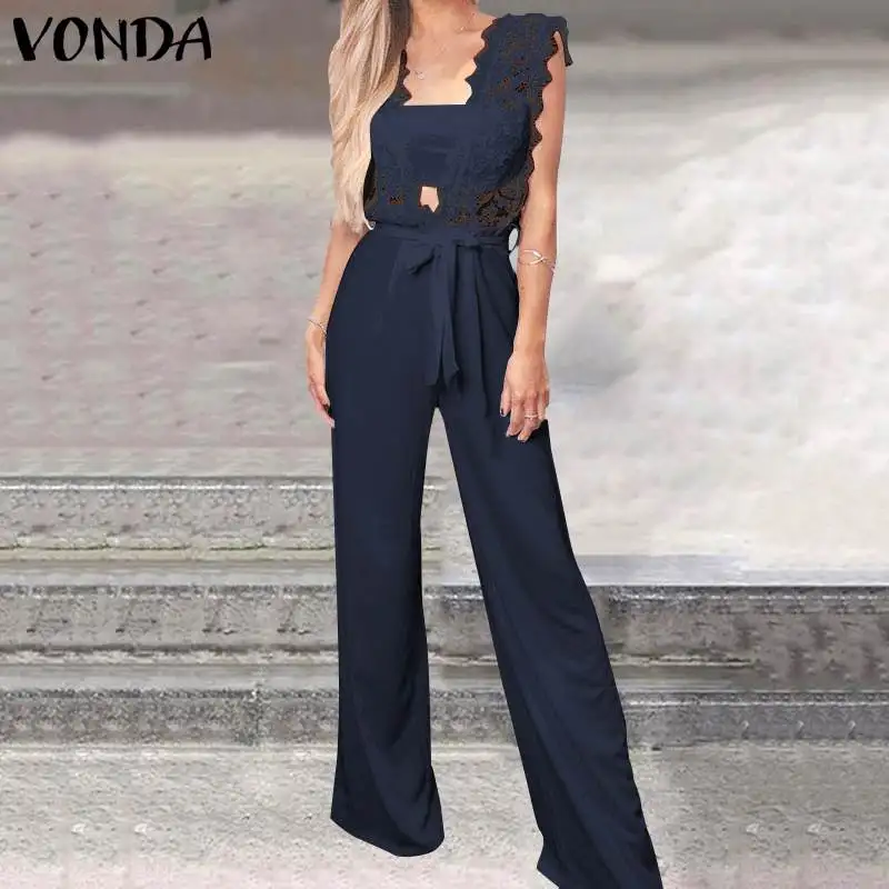 

VONDA Elegant Rompers Women Jumpsuit 2019 Summer Overalls Sexy Deep V Lace Party Plus Size Playsuits Female Office Ladies Pants