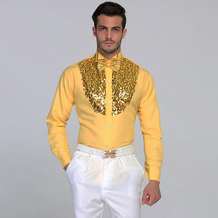 Yellow Мужские рубашки для танцев, сценические рубашки, брендовые рубашки с воротником-крылышком и блестками в стиле пэчворк, рубашки для смокинга, мужские ковбойские фестивали, рубашки для выпускного вечера с галстуком-бабочкой - Цвет: Yellow