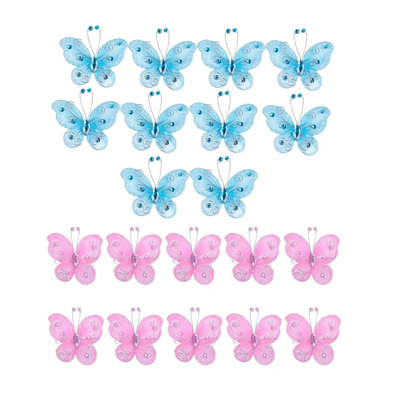 

20Pcs Mixed Organza Wire Rhinestone Butterfly Wedding Decorations for Scrapbook Home Decor Party Accessories(Blue & Pink)