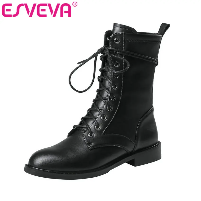 

ESVEVA 2020 Women Shoes Winter Ankle Boots Square Med Heel Western Style Lace Up Elegant Motorcycle Platform Boot Size 34-40