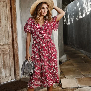 

Fashion Women Loose Fit Clothes Pullover V-neck Dress Sexy Bohemian Floral Short-Sleeve Personality High Waist Lace-up Dress