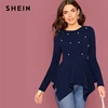 SHEIN Pearl Embellished Hanky Hem Peplum Top Women Spring Autumn Fitted Flared Round Neck Elegant Womens Tops and Blouses Blouses & Shirts Women's Women's Clothing