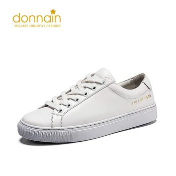 

DONNAIN Genuine Cow Leather Shoes Women Lace up White Casual Sneakers Round Toe Low Heel Fashion Autumn Female Flats Black Nude