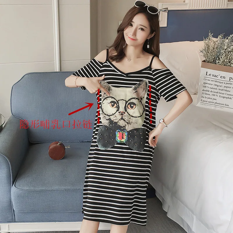 

Maternity Clothes 2019 Summer Korean-style Cat Printed Beads off-Shoulder Camisoles for Breastfeeding Mid-length Pregnant Women
