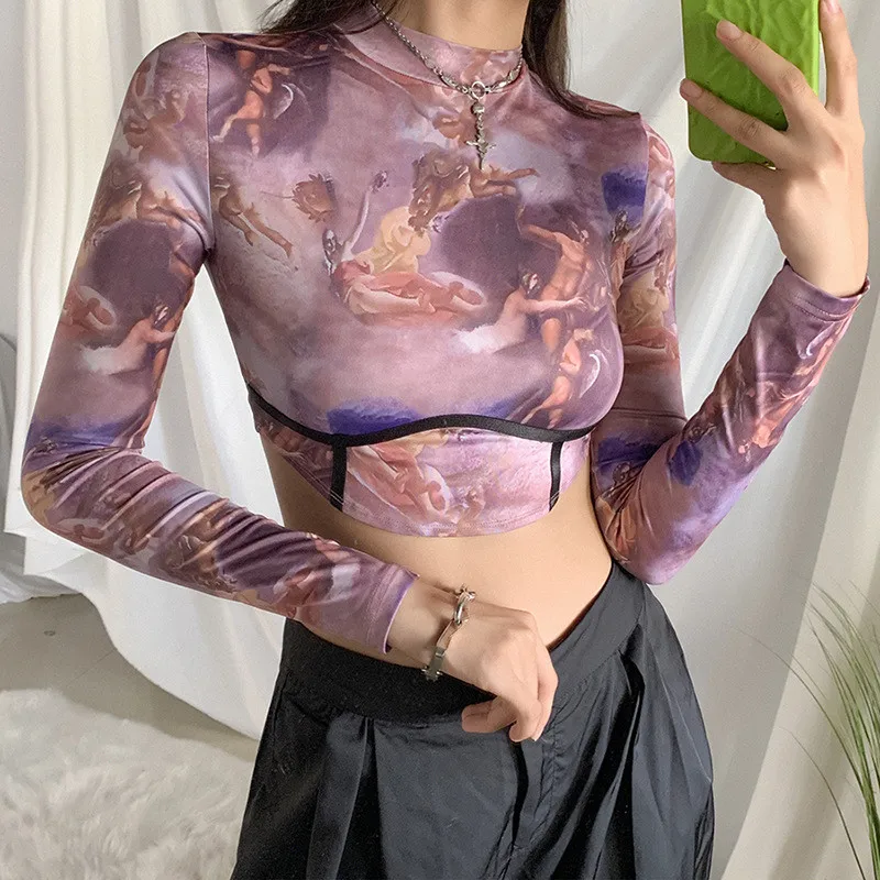 NEW Women's Retro Printed Cropped Top Long-sleeved Round Neck Tight-fitting Thin T-shirt Sexy Pullover 2020 Lady Party Wear