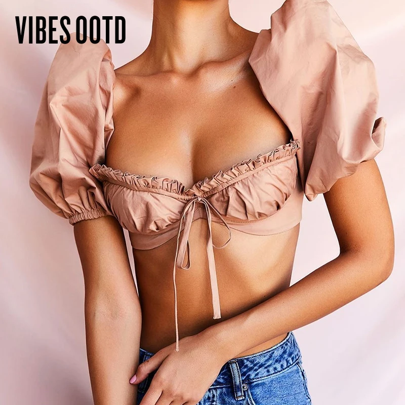 

VIBESOOTD Vintage Square Collar Corset Cropped Women Top and Blouse Shirts Sexy Backless Crop Tops Puff Sleeve Blusas Mujer