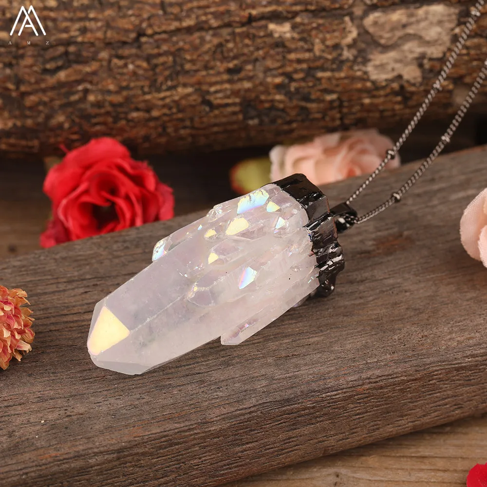 Titanium AB Natural White Quartz Irregular Point Pendant Gold Chains Necklace For Women Quartz Crystal Beads Adjustable Necklace