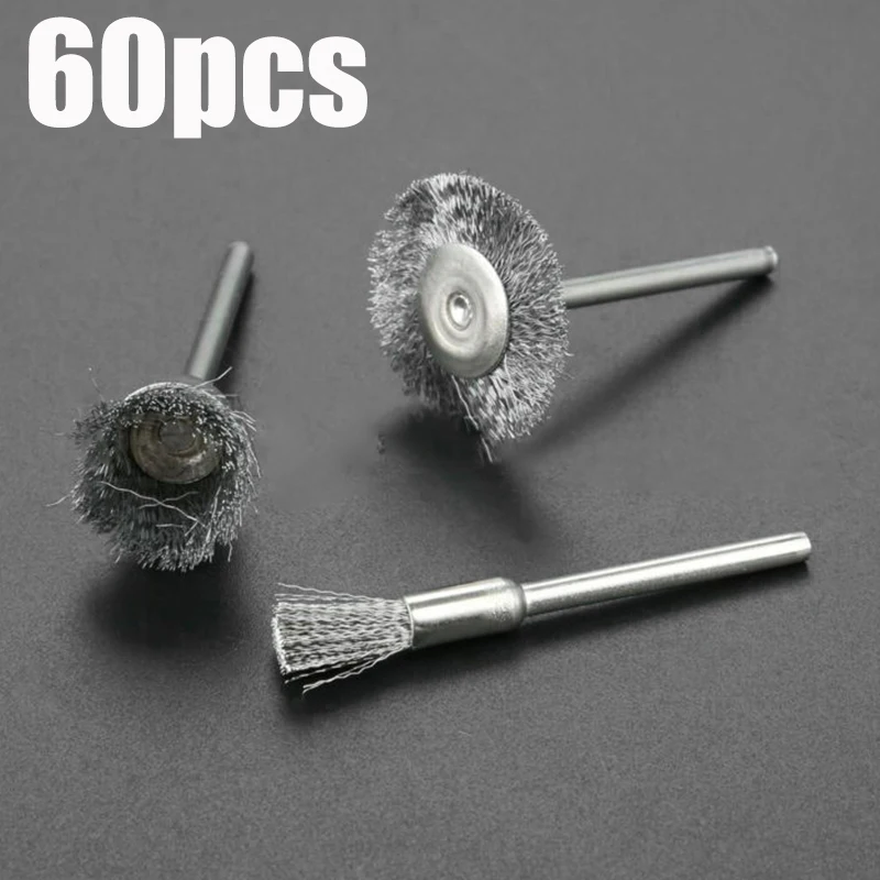 Steel Wire Wheel Brushes 60Pcs 3mm Shank For Metal Rust Removal Polishing Drill Rotary Tool wire brush,drill brush