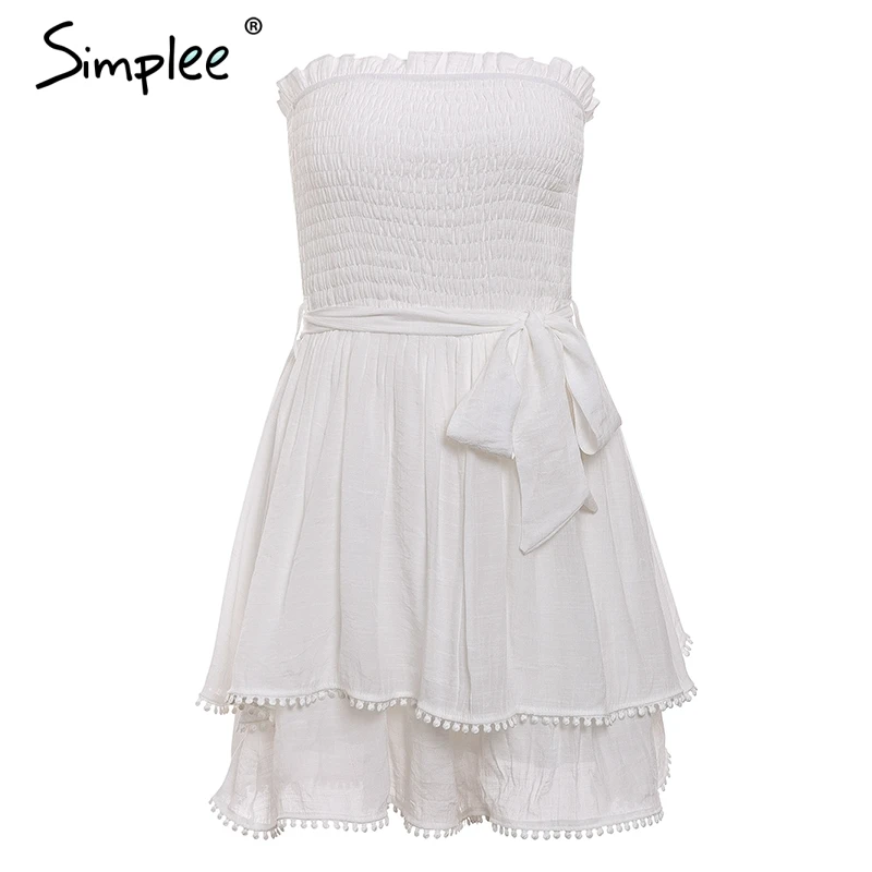 

Simplee Off shoulder ruched women linen jumpsuit Summer tassel white cotton plus size romper Sexy holiday beach overall jumpsuts