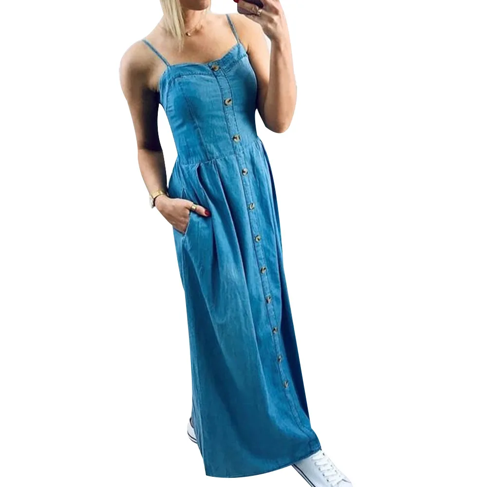 

Women Summer Sexy Spaghetti Strap Solid Casual Retro Washed Single Breasted Buttons Denim High Street Maxi Dresses Party Wear