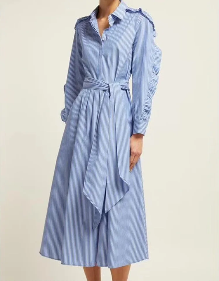 

Women Dress 2019 Spring and Summer New Wooden Ear Cotton Long-sleeved Skirt Slim Blue and White Striped Dress