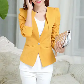 

Office Lady Solid Color Long Sleeve One Button Padded Shoulder Slim Blazer Coat