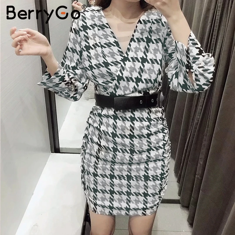 

BerryGo Elegant high waist women plaid dress Sexy office lady chic autumn work dress Streetwear long sleeve female short dress