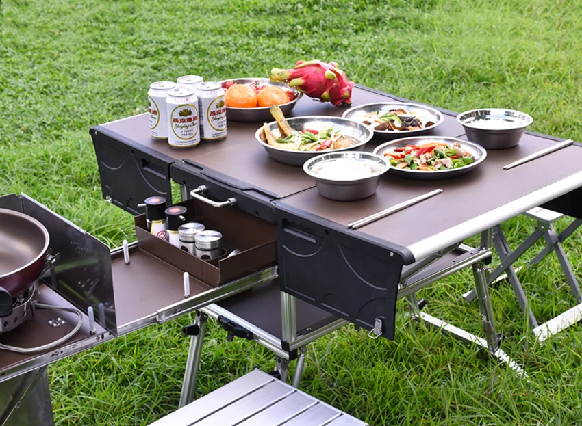 5-7 Person Outdoor Mobile Kitchen Foldable Picnic Table with Gas Stove and Tableware Cookware Set Camping picnic C550/C650