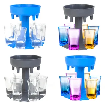 

Behogar 6-Shot Glass Dispenser Plastic Liquor Hanging Holder Stand Rack Carrier Caddy with 6 Cups for Home Bar Club Party