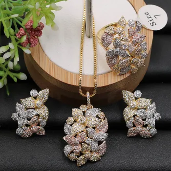 

Zlxgirl bridal jewelry sets Luxury Delicate Flower Circle Micro Plated Necklace with Earrings and Ring for Engagement