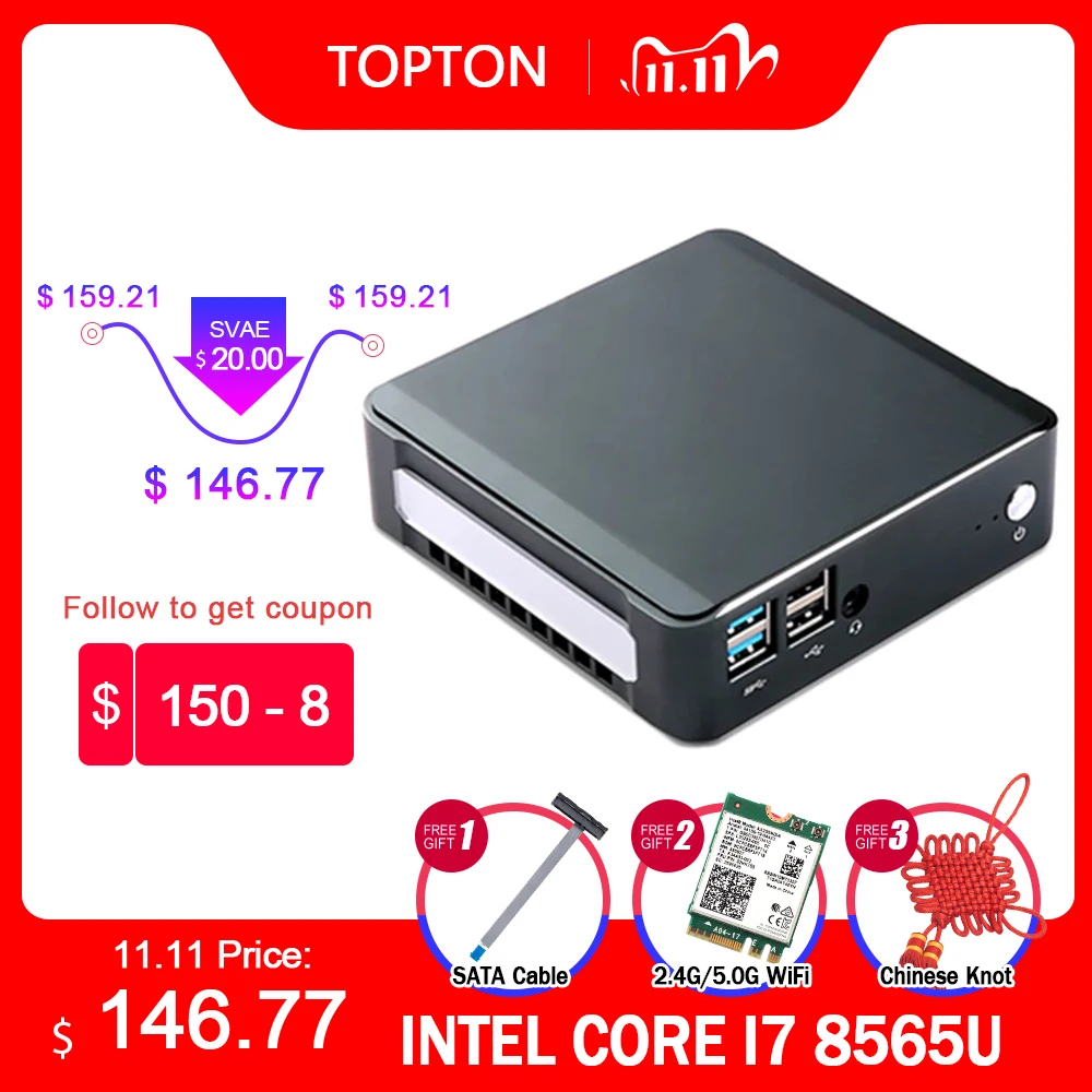 TOPTON Мини ПК Windows 10 Intel i7 10510U i5 10210U i3 8145U 2 * DDR4 M.2 Nuc компьютер Портативный Тип C 4K 60Hz