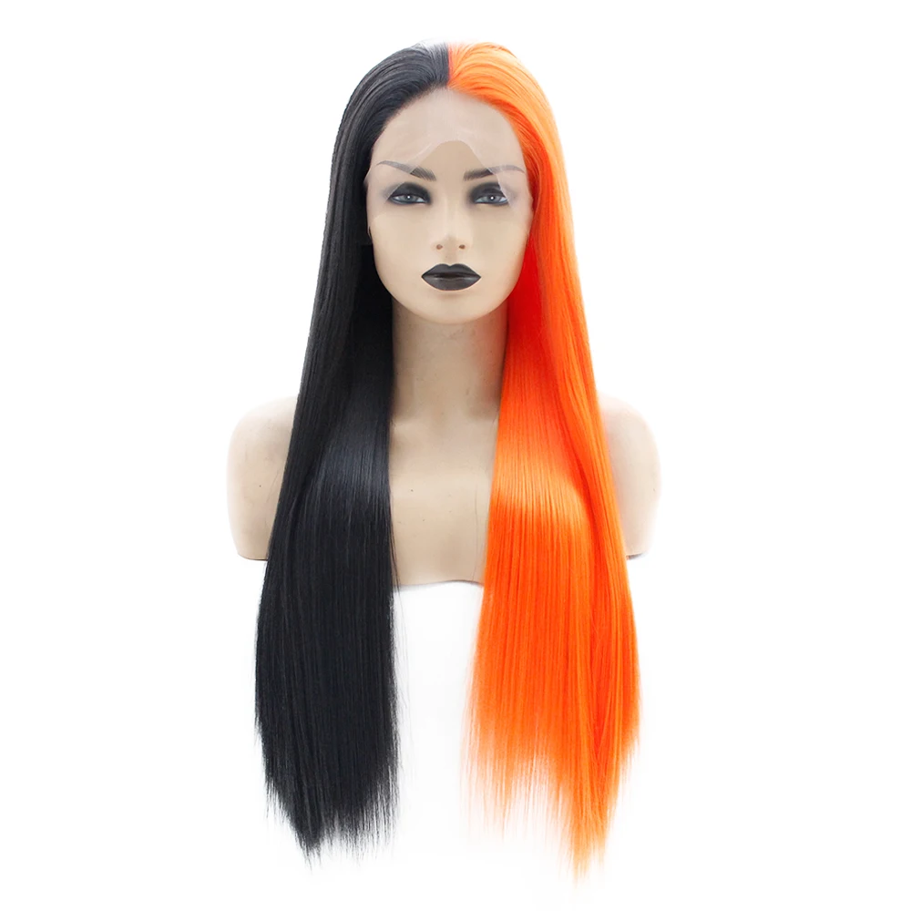 V'NICE половина черный половина оранжевый парик на кружеве для женщин Косплей натуральный Glueless прямые синтетические парики термостойкие волосы