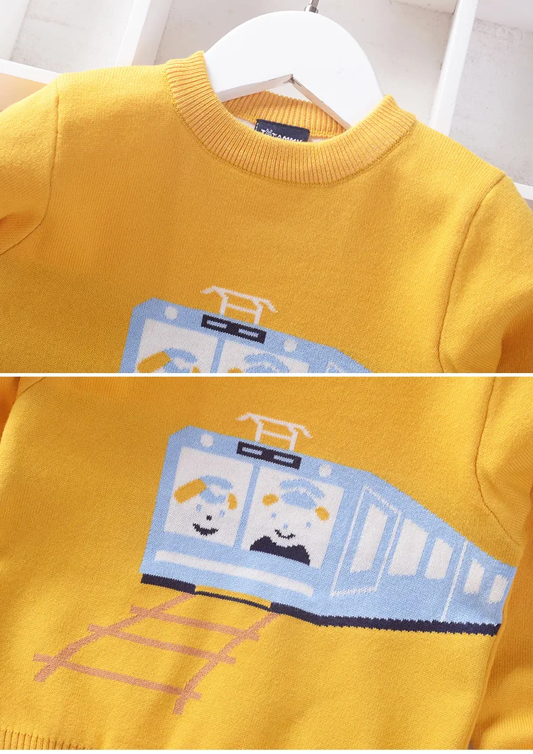 Милые свитера для мальчиков и девочек с рисунком поезда; цвет желтый, красный, темно-синий; детский пуловер; хлопковая Вязанная одежда; детская одежда