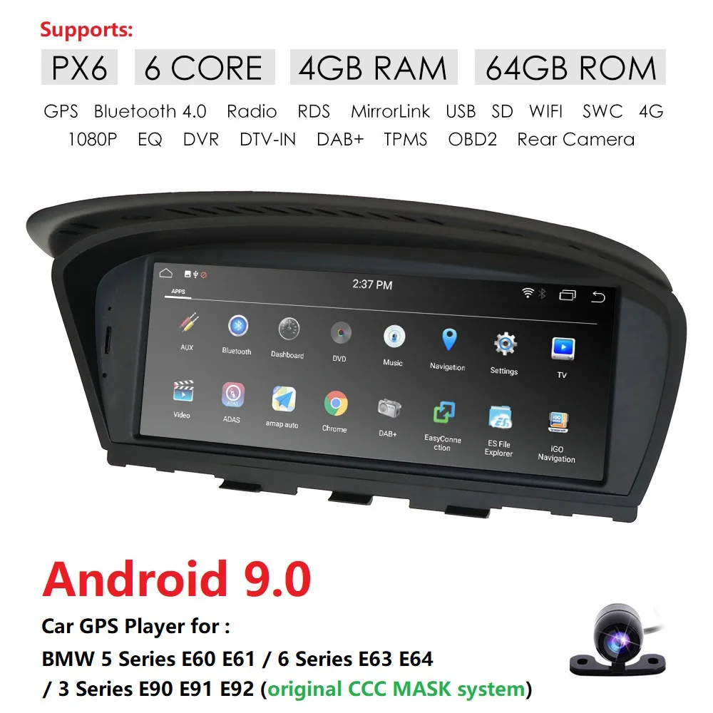 

Android 9.0 IPS PX6 4G RAM 64G ROM Car Multimedia GPS Player for BMW 5 Series E60 E61 / 6 Series E63 E64 / 3 Series E90 E91 E92