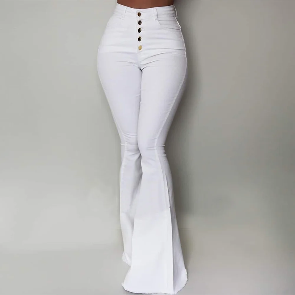 Echoine Fashion Autumn Long Denim Pants Women Jeans White Slim Bodycon Retro Wigr Leg Flare Trousers Laddies