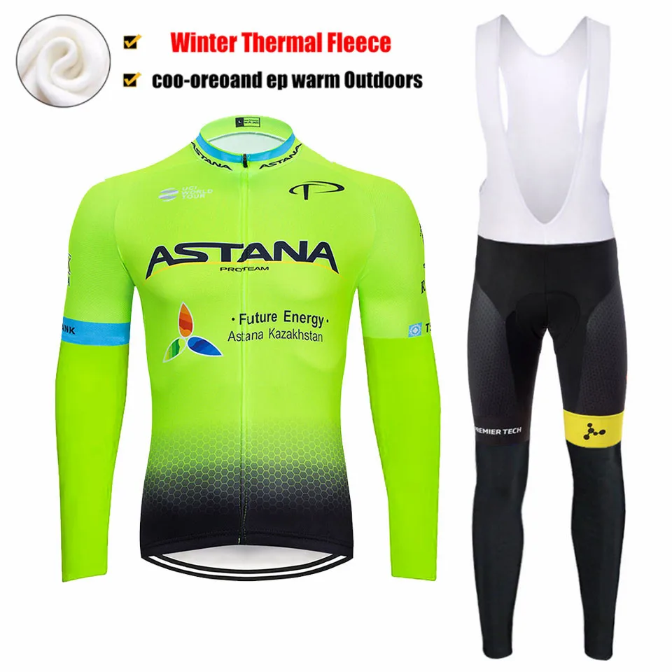 Флуоресцентный зеленый Астана Ropa Ciclismo Invierno Зимний Велоспорт Джерси термальный флис с длинным рукавом Велоспорт одежда Набор велосипед одежда
