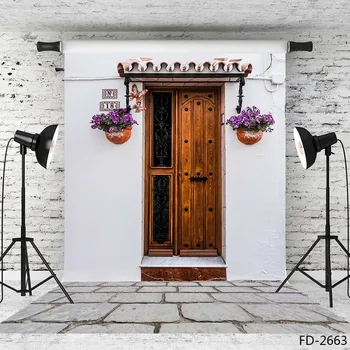 

Vintage Wood Door Flower Brick Floor Backdrops Baby Young Portrait Outdoor Scenic Photography Backgrounds Photocall Photo Studio