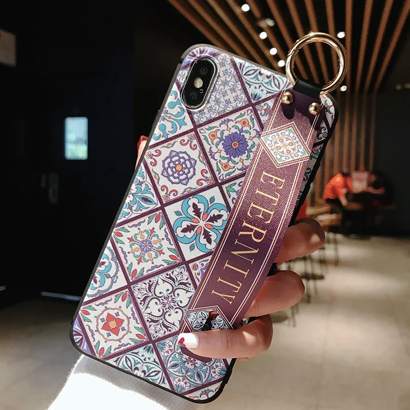 2 SoCouple Wrist Strap Soft TPU Phone Case For iphone 7 8 6 6s plus Case For iphone X Xs max XR Vintage Flower Pattern Holder Case