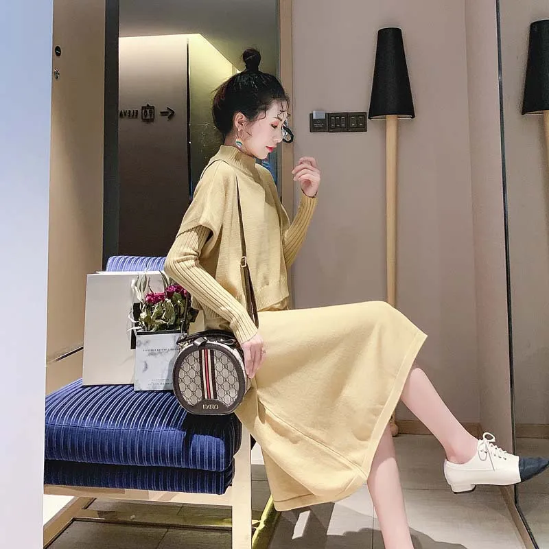 

Two-Piece Set Early Autumn Vest Dress Outfit Sweater Mid-length Graceful Spring And Autumn 2019 Autumn New Style Knit Base