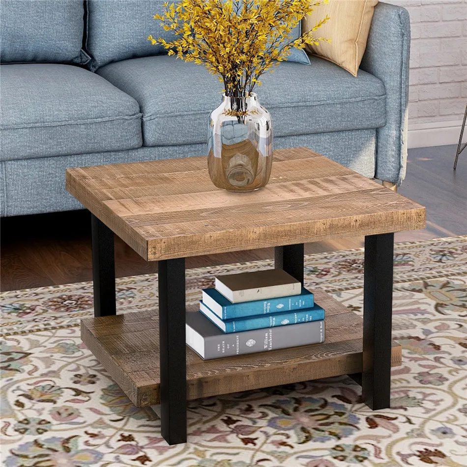 

Square Side Cabinet Pine wood Table Face Iron Legs Rectangle Rustic Natural Coffee Table with Storage Shelf for Easy Assembly