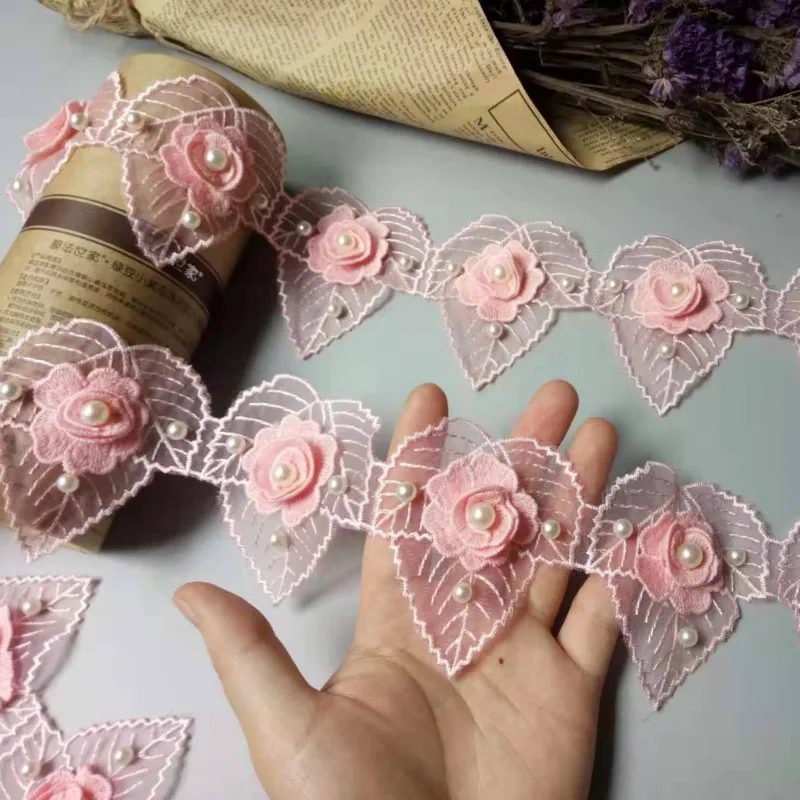 

1 Yard Pink 3D Pearl Flower Heart Leaf Embroidered Net Lace Trim Ribbon Applique Patchwork Handmade Wedding Dress Sewing Craft