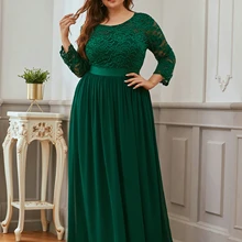 Plus Size Abiti Da Sera Lungo Mai Abbastanza EP07412 Elegante Manica Lunga Una Linea di Pizzo Chiffon Navy Blu Da Cerimonia Nuziale di Inverno Ospite Dresse