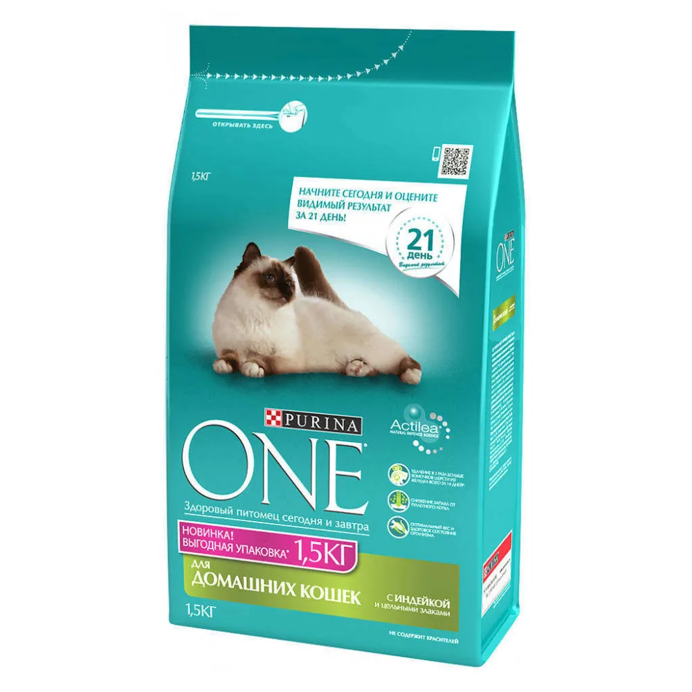 Корм для домашних кошек Purina ONE, с индейкой и цельными злаками, 1,5 кг