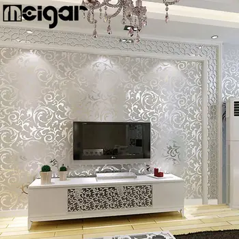 

10m Fashion 3D Silver Floral Textured Non-woven Wallpaper Rolls Home TV Background Decor Wall Stickers Wedding Decoration