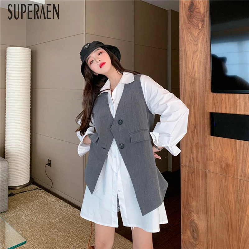 

SuperAen Autumn New 2019 Women's Sets Temperament Sleeveless Women Vest Coats Wild Casual Cotton Long Sleeve Shirts Two Pieces