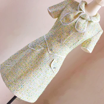 

New Avocado Green Dress Small Fresh Short Sleeve Mid long Smart Smoked Single row Button lapel Dress