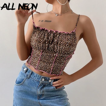 

ALLNeon Y2K Fashion Leopard Printing Spaghetti Strap Milkmaid Tops E-girls Wild Skinny Ruched Backless Stitch Ruffles Cami Top