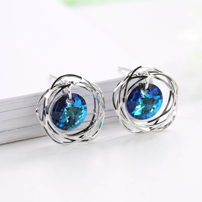 

S925 Silver Needle Korean Fashion Blue Crystal Charm Stud Pendientes Simple Geometric Chic Temperament Earring Jewelry For Women