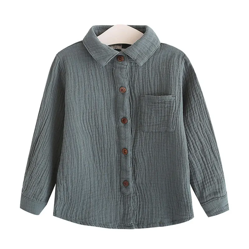 

New Boy Girl Linen Cotton Shirt Spring Autumn Children Clothing Turn Down Collar Cardigan Button Long Sleeve Sport Shirt 2-7Y