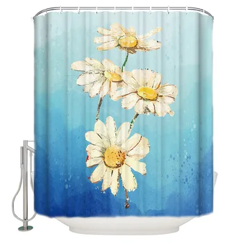 

Daisy Flower Oil Painting Style Extra Long Fabric Bath Shower Curtains Mildew-resistant Bathroom Decor with Hooks