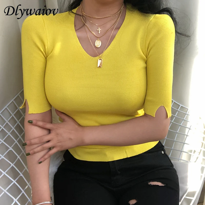 Pullover Sweater V-Neck Solid-Jumper Sexy Women Slim-Tops Spring Knited Half-Sleeve Fashion