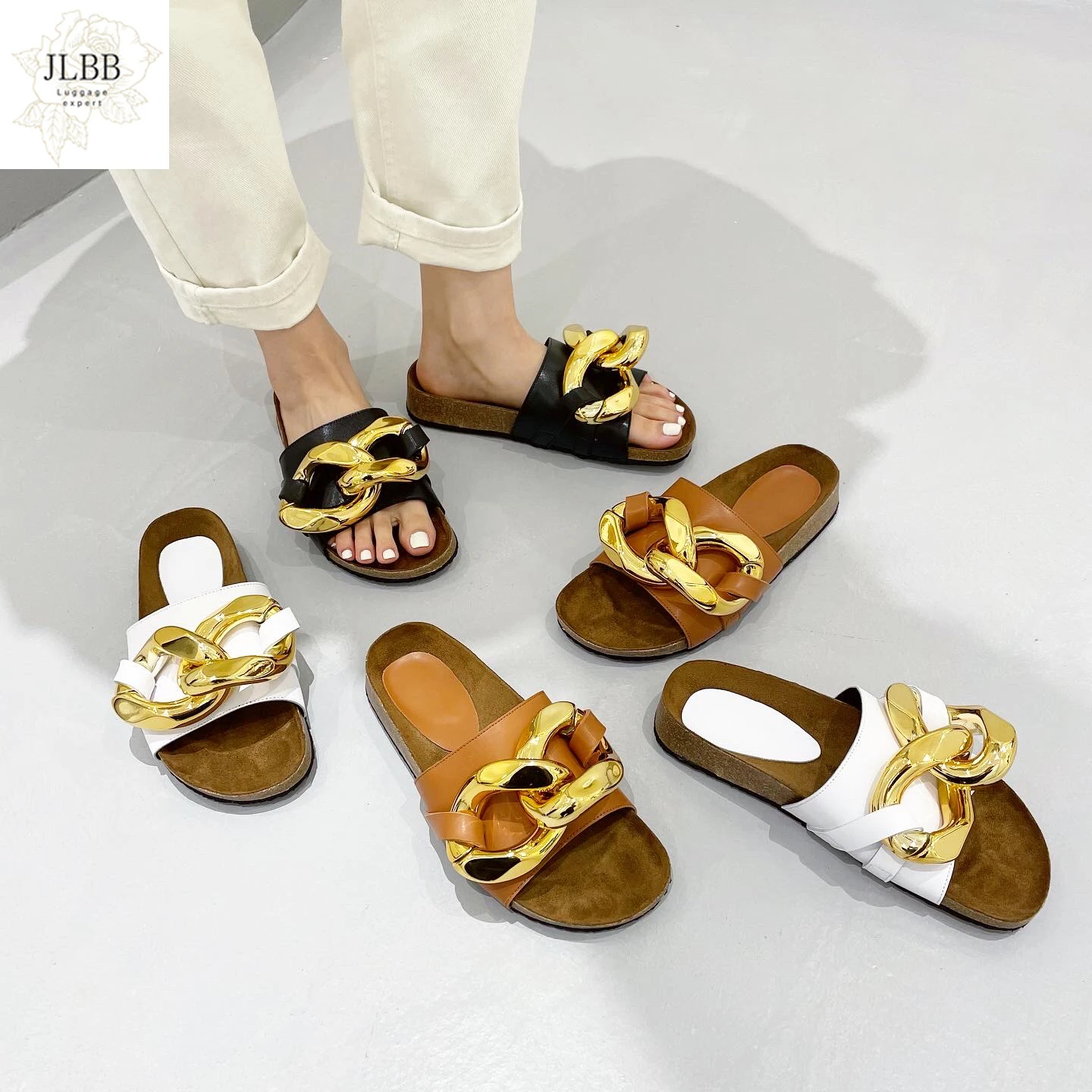 Sandalias con pasador cadena dorada para mujer, zapatos de punta abierta, zapatillas de Sandalias de tacón bajo, color negro|Zapatillas| -