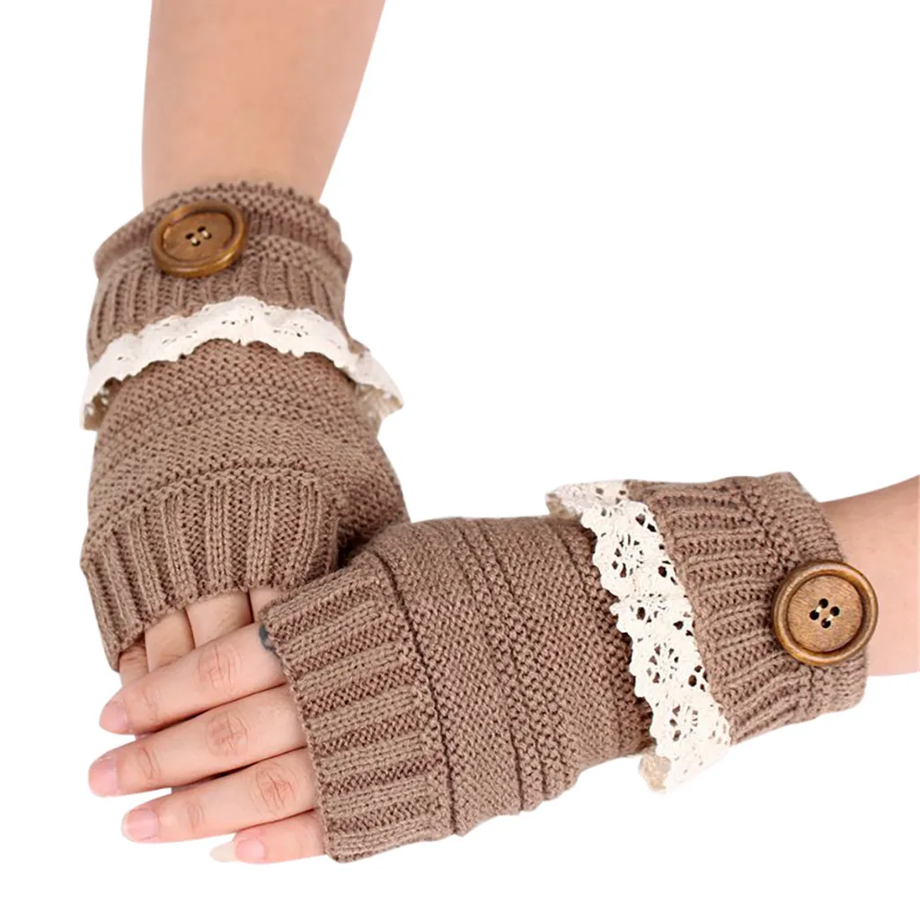 Новый дизайн женские зимние вязаные кружевные перчатки на пуговицах теплые без
